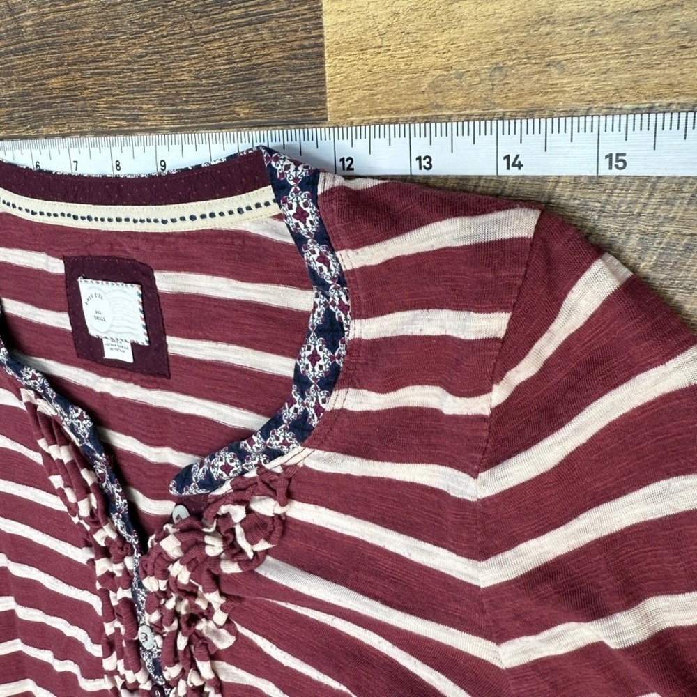 Anthropologie Mavis & Co Striped Ruffle Henley Top Sm Burgundy Shirt Cute Casual - Picture 6 of 13